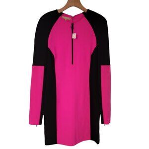 Michael Kors‎ Dress Hot Pink Black Colorblock Virgin Wool Long Sleeve Sz 2 NWOT